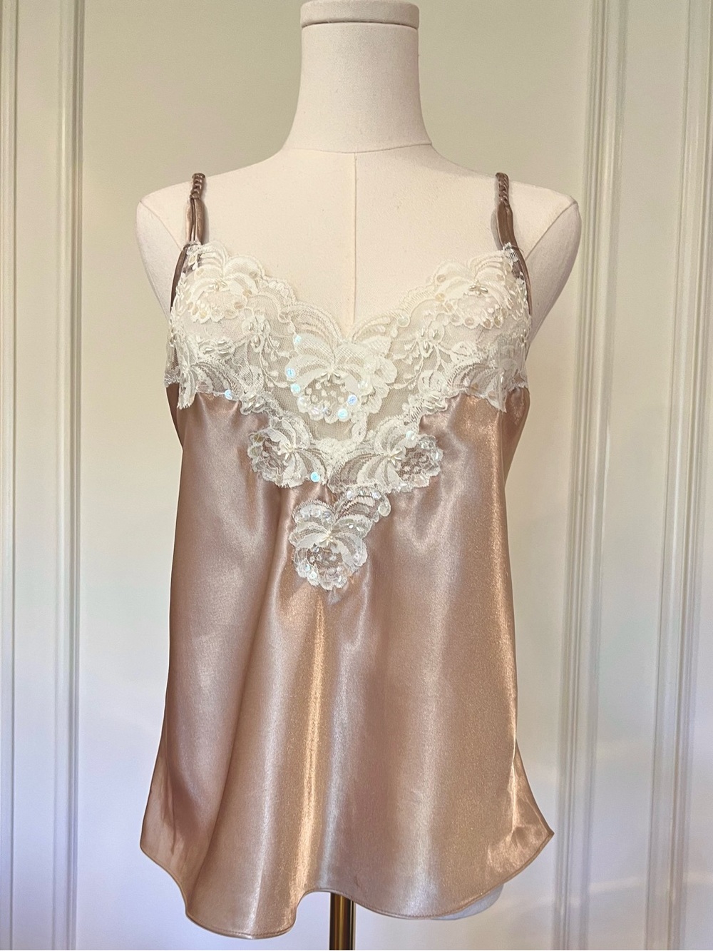 Vintage 80s Champagne Satin Sequin Lace Cami Braided Straps The Bay Sz L‎